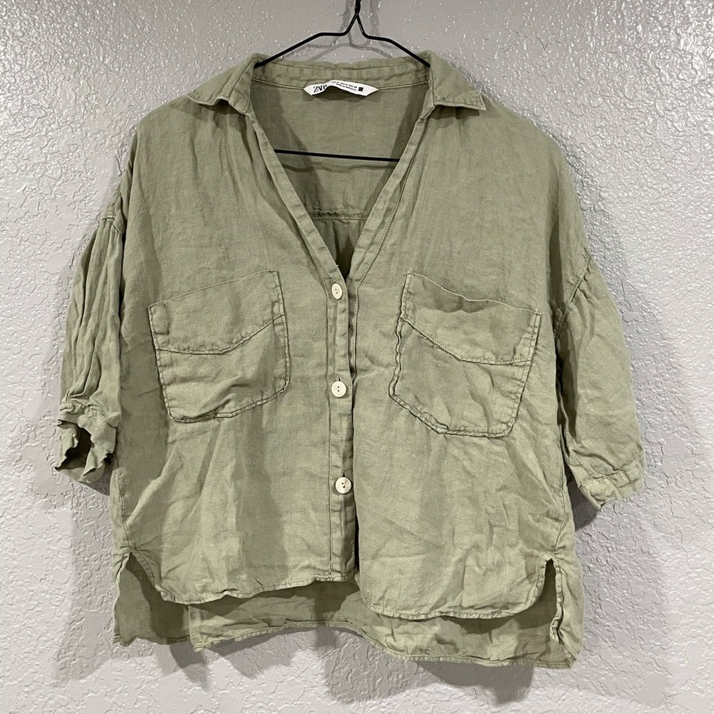 Green Zara Linen Button Up